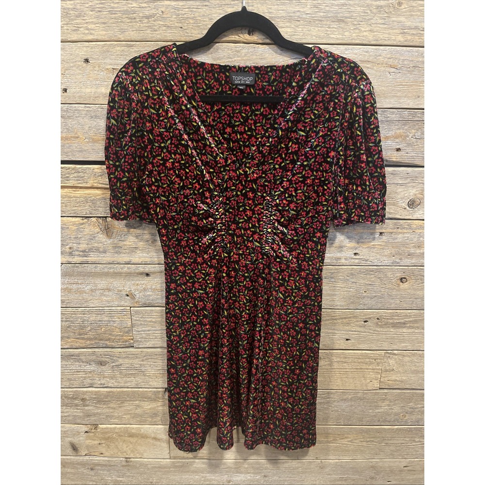 Topshop Women's Black Velvet Floral Dress US Size 4 V‎ Neck Short Sleeve